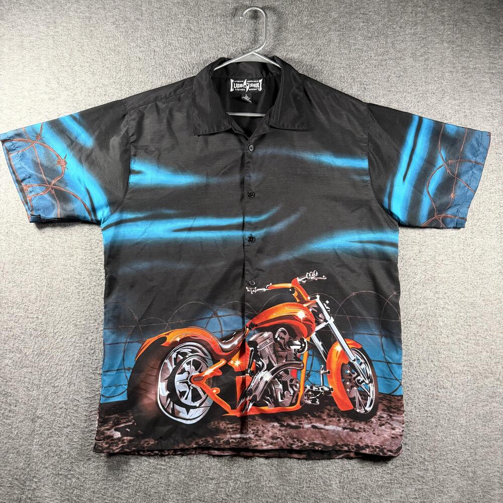 Y2K Chopper Biker Shirt Steve & Barry's Club Shirt Mens Large Black Blue